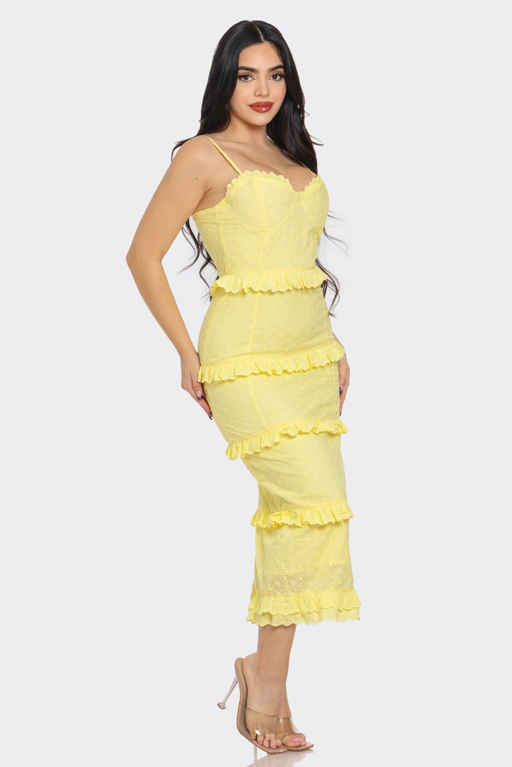 Women's Romance in Bloom Eyelet Ruffle Sweetheart Midi Dress – front view