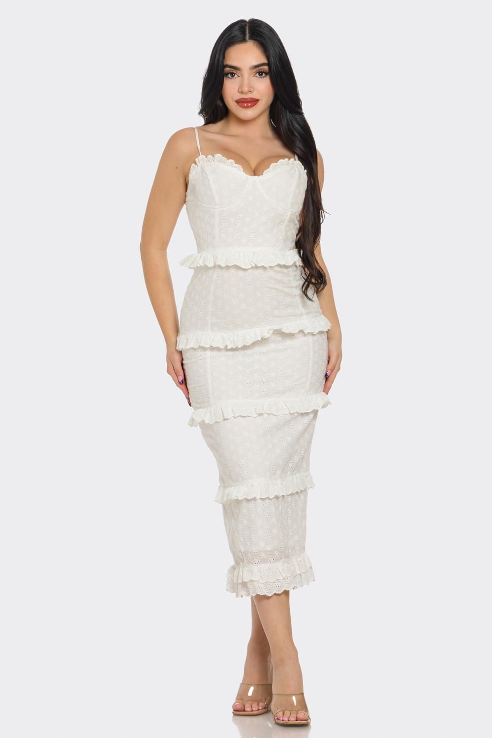 Women's Romance in Bloom Eyelet Ruffle Sweetheart Midi Dress – detail view
