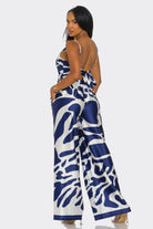 Women's Navy Bold Elegance Abstract Print Crop Top Wide Leg Pants Set – front view