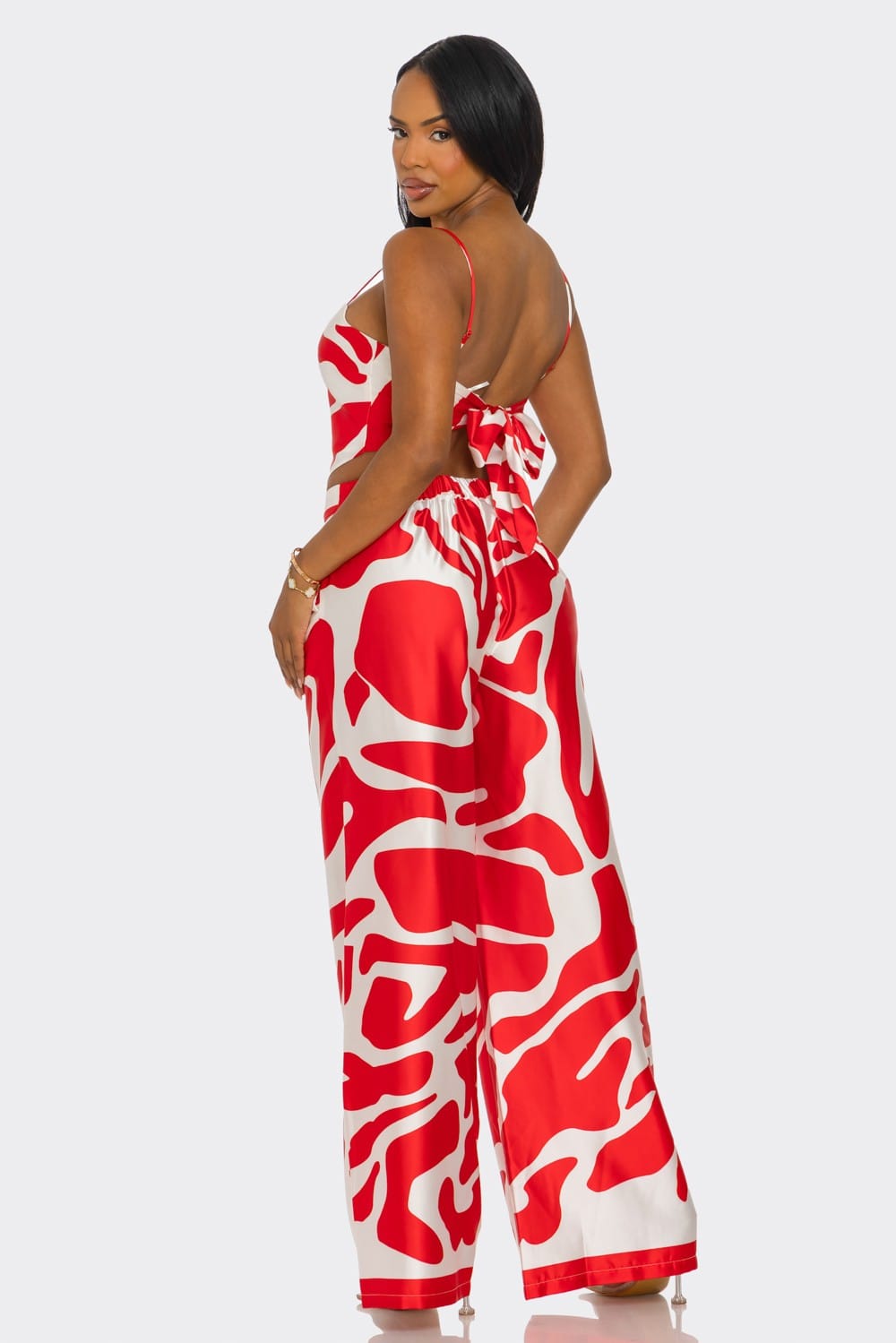 Women's Navy Bold Elegance Abstract Print Crop Top Wide Leg Pants Set – full-length view