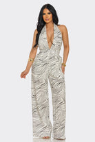 Women's Minimal Luxe Abstract Print Plunge Halter Wide Leg Jumpsuit – front view