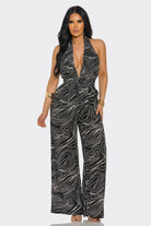 Women's Minimal Luxe Abstract Print Plunge Halter Wide Leg Jumpsuit – full-length view