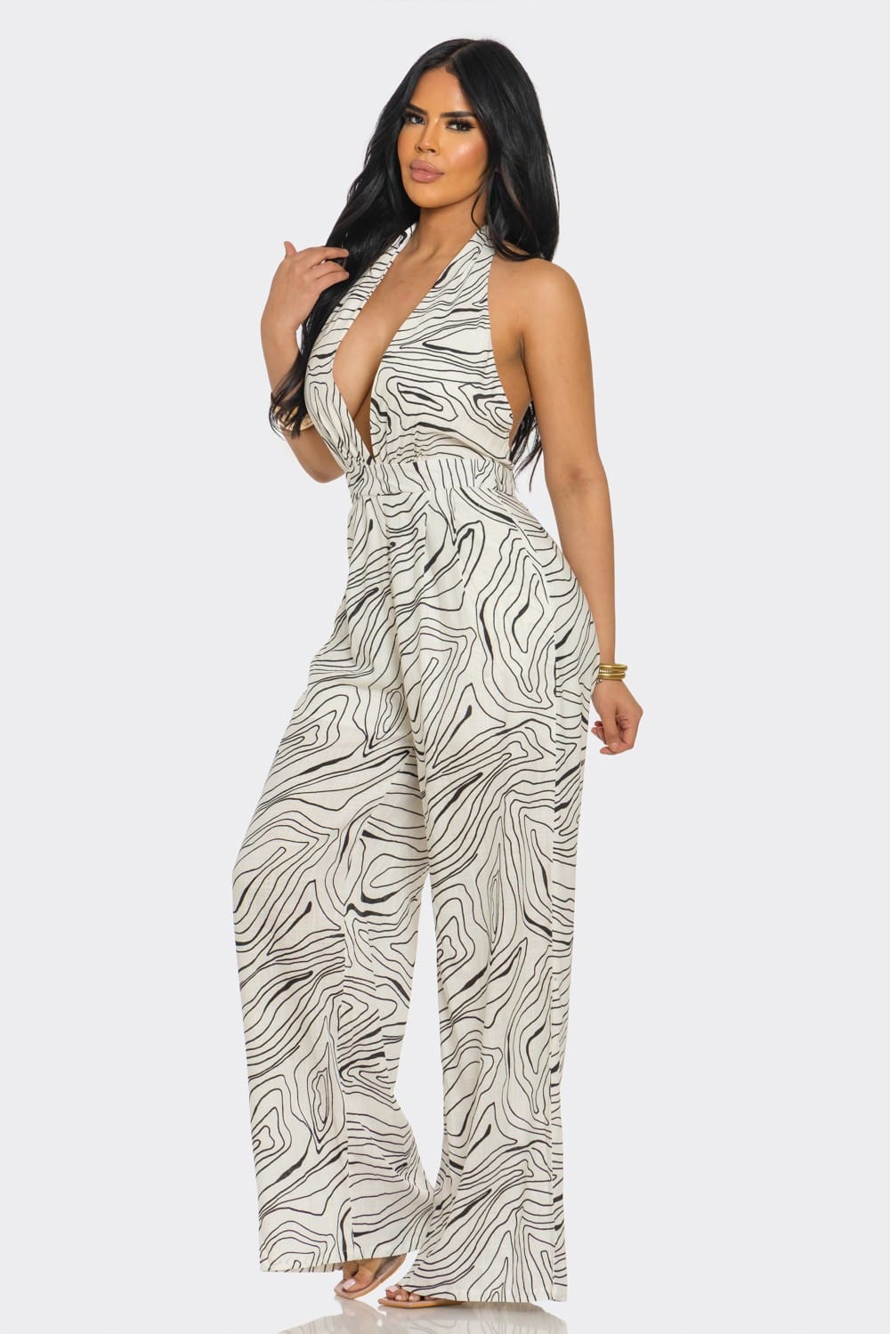 Women's Minimal Luxe Abstract Print Plunge Halter Wide Leg Jumpsuit – side view