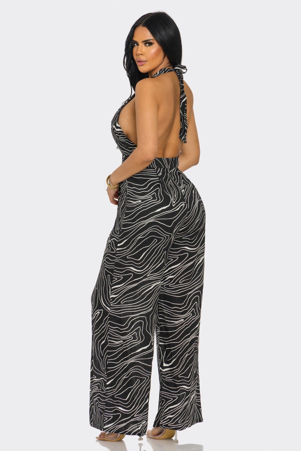 Women's Minimal Luxe Abstract Print Plunge Halter Wide Leg Jumpsuit – detail view