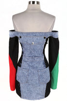 Women's Off-Shoulder Color-Block Sleeve Denim Mini Dress - photo 4