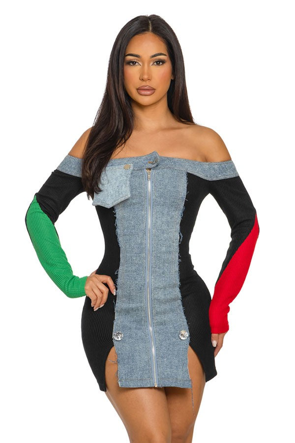 Women's Off-Shoulder Color-Block Sleeve Denim Mini Dress