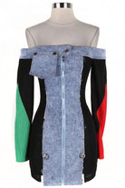 Women's Off-Shoulder Color-Block Sleeve Denim Mini Dress - photo 2