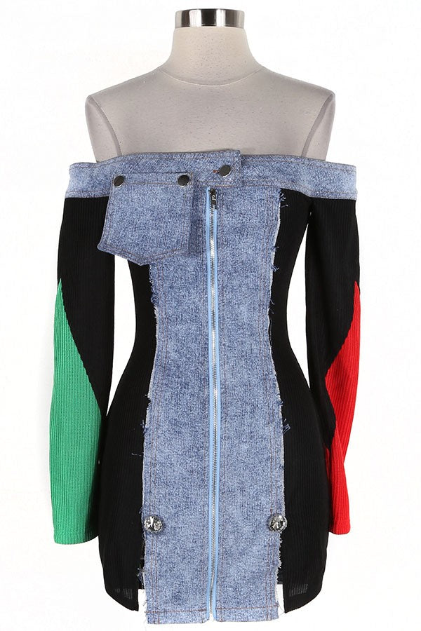 Women's Off-Shoulder Color-Block Sleeve Denim Mini Dress - photo 2