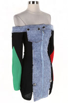 Women's Off-Shoulder Color-Block Sleeve Denim Mini Dress - photo 3