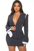 Women's charcoal long sleeve plunge cutout blazer mini dress