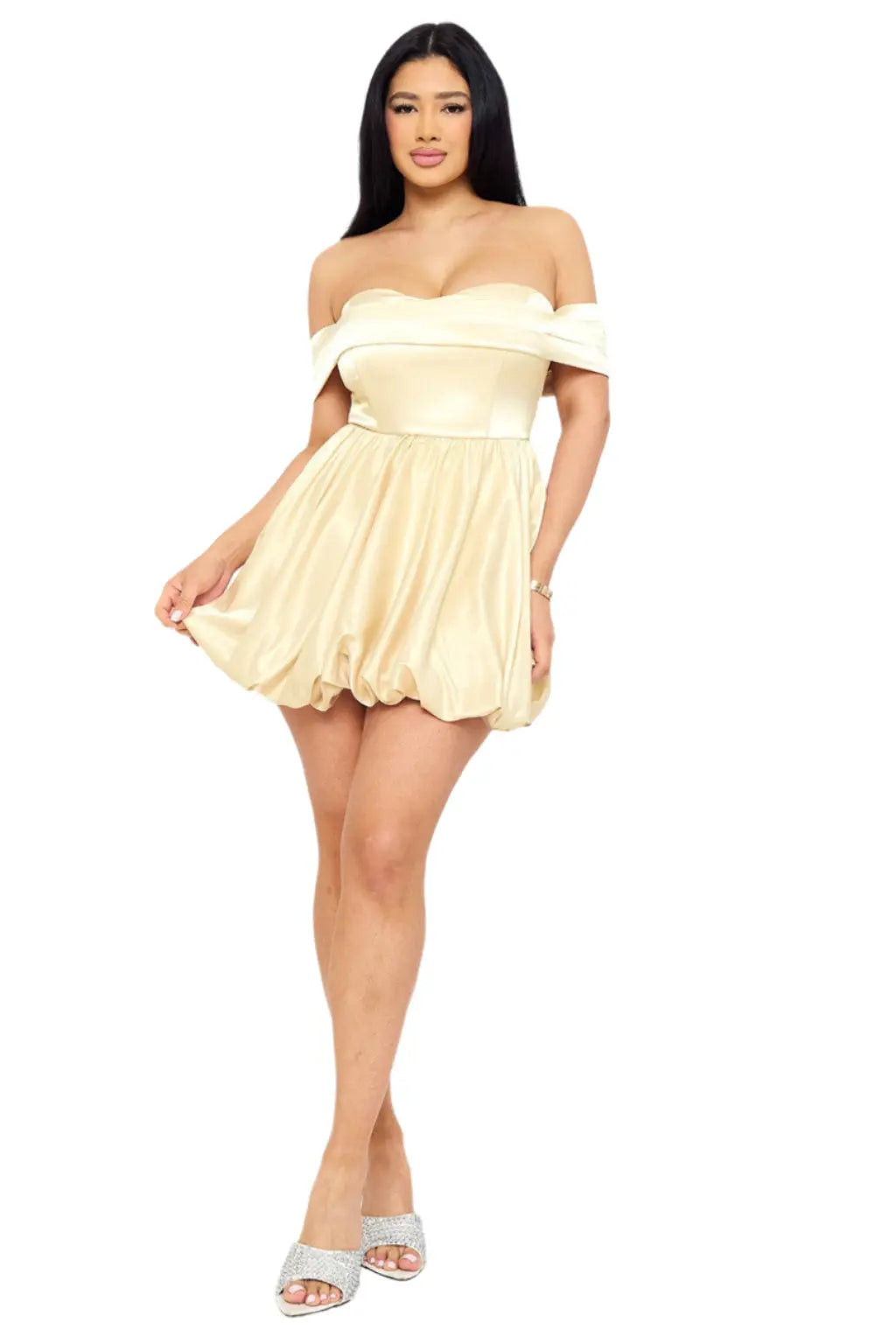 Satin off-shoulder dress side view - Epicplacess