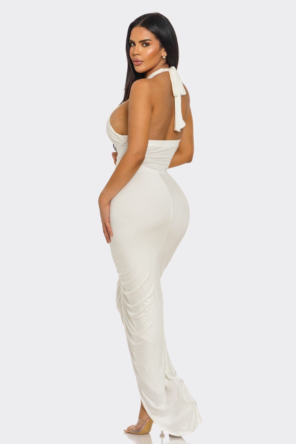 Women's Desert Siren Crisscross Halter Plunge Ruched Slit Maxi Dress – full-length view