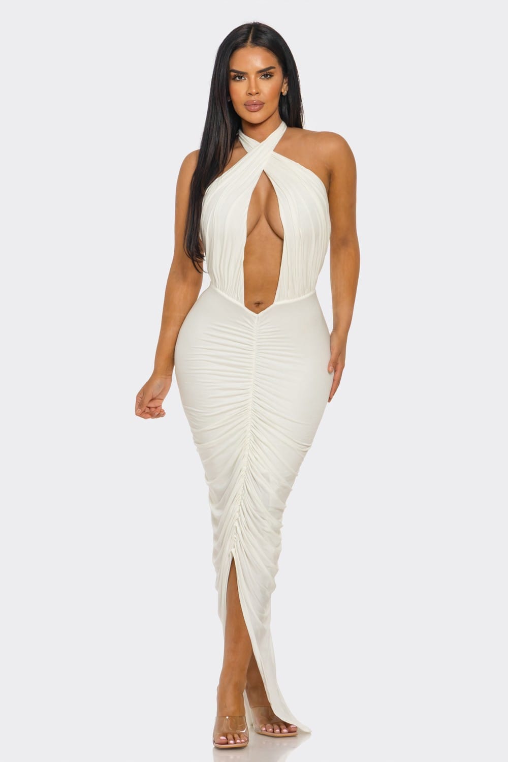 Women's Desert Siren Crisscross Halter Plunge Ruched Slit Maxi Dress – detail view