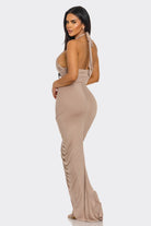 Women's Desert Siren Crisscross Halter Plunge Ruched Slit Maxi Dress – back view
