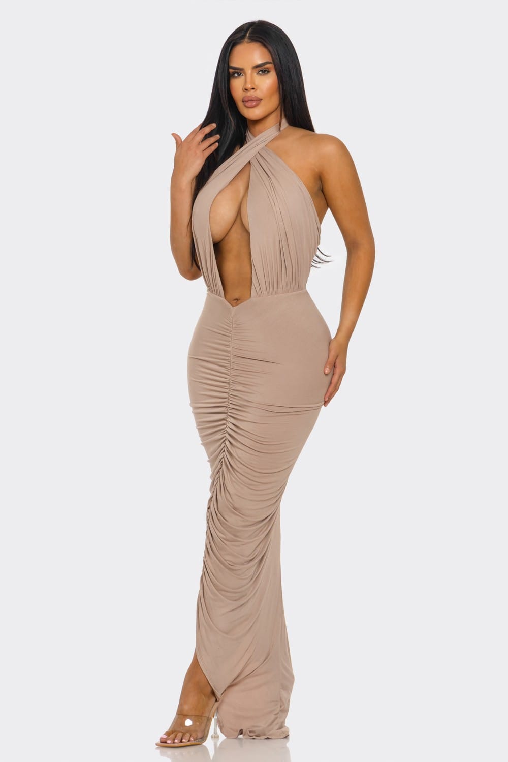 Women's Desert Siren Crisscross Halter Plunge Ruched Slit Maxi Dress – front view