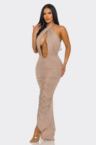 Women's Desert Siren Crisscross Halter Plunge Ruched Slit Maxi Dress – front view