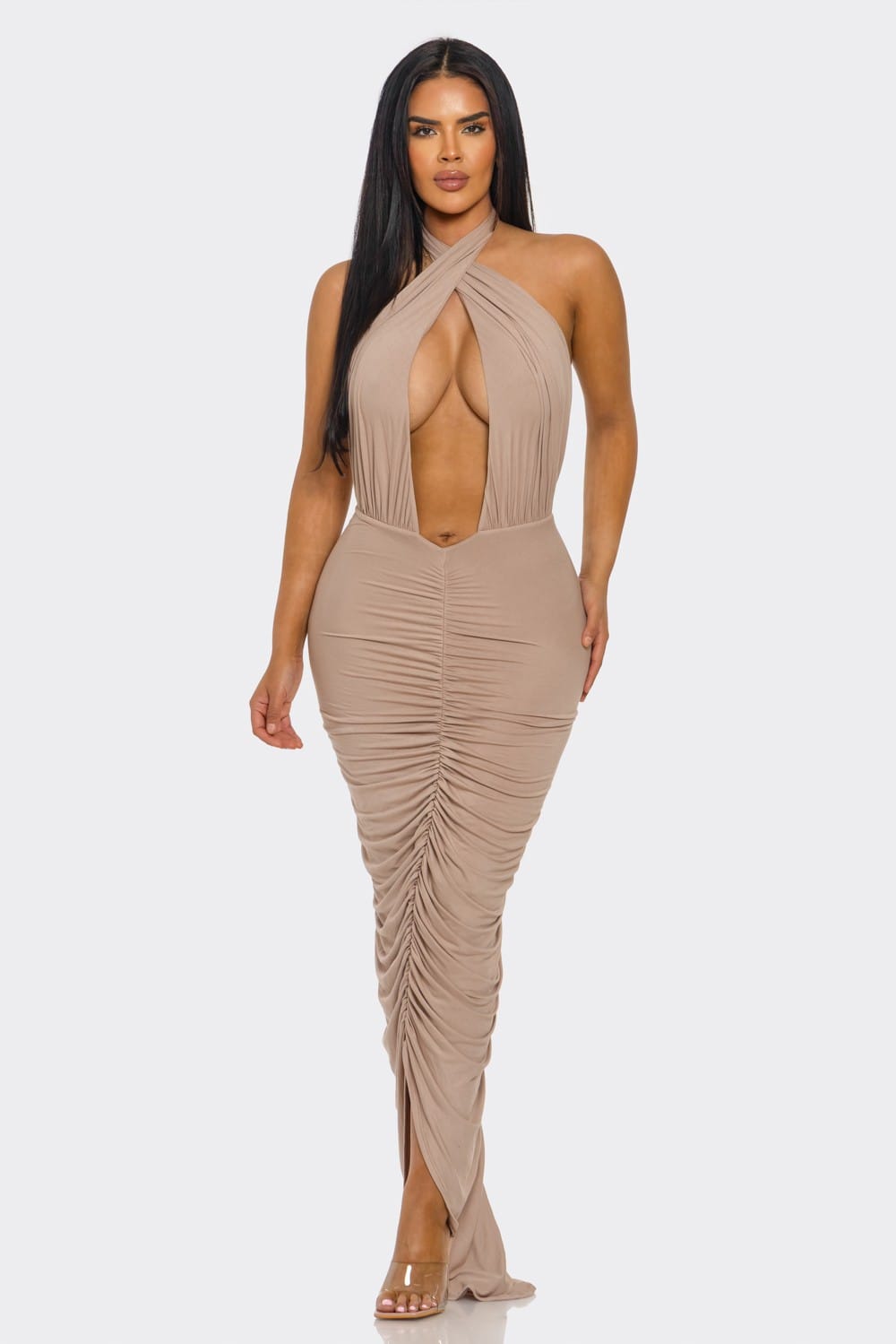Women's Desert Siren Crisscross Halter Plunge Ruched Slit Maxi Dress – side view