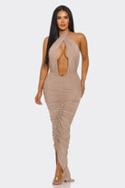 Women's Desert Siren Crisscross Halter Plunge Ruched Slit Maxi Dress – side view