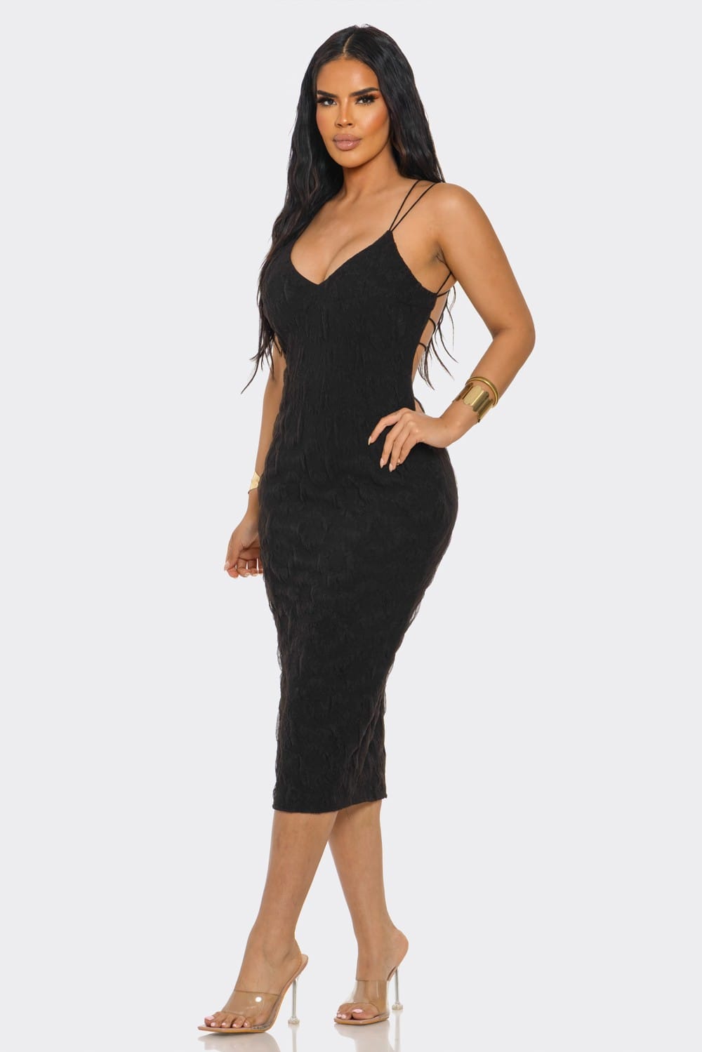Women's Black Midnight Elegance Textured V-Neck Midi Dress – back view