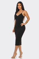 Women's Black Midnight Elegance Textured V-Neck Midi Dress – back view