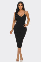 Women's Black Midnight Elegance Textured V-Neck Midi Dress – front view