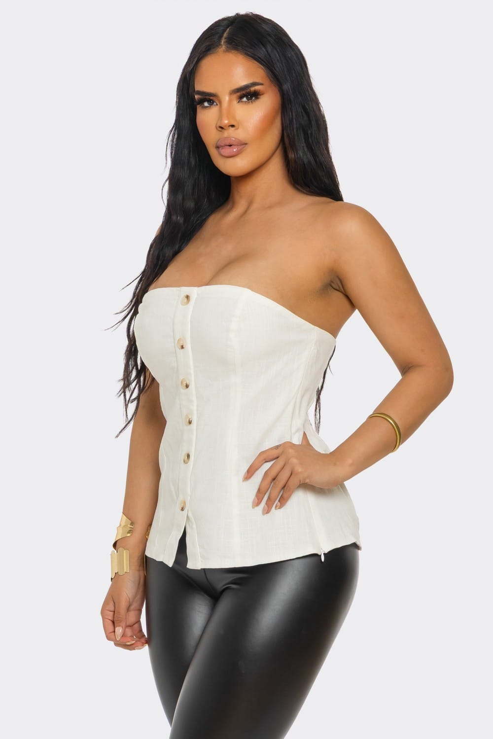 Women's Coastal Muse Linen Strapless Corset Top – full-length view