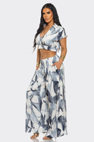 Women's Navy Flowing Petal Wrap Top & Wide Leg Pants Set – back view