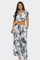 Women's Navy Flowing Petal Wrap Top & Wide Leg Pants Set – front view