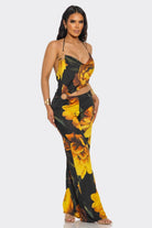 Women's Tropical Allure Floral Cowl Neck Ring Detail Wide Leg Jumpsuit – side view