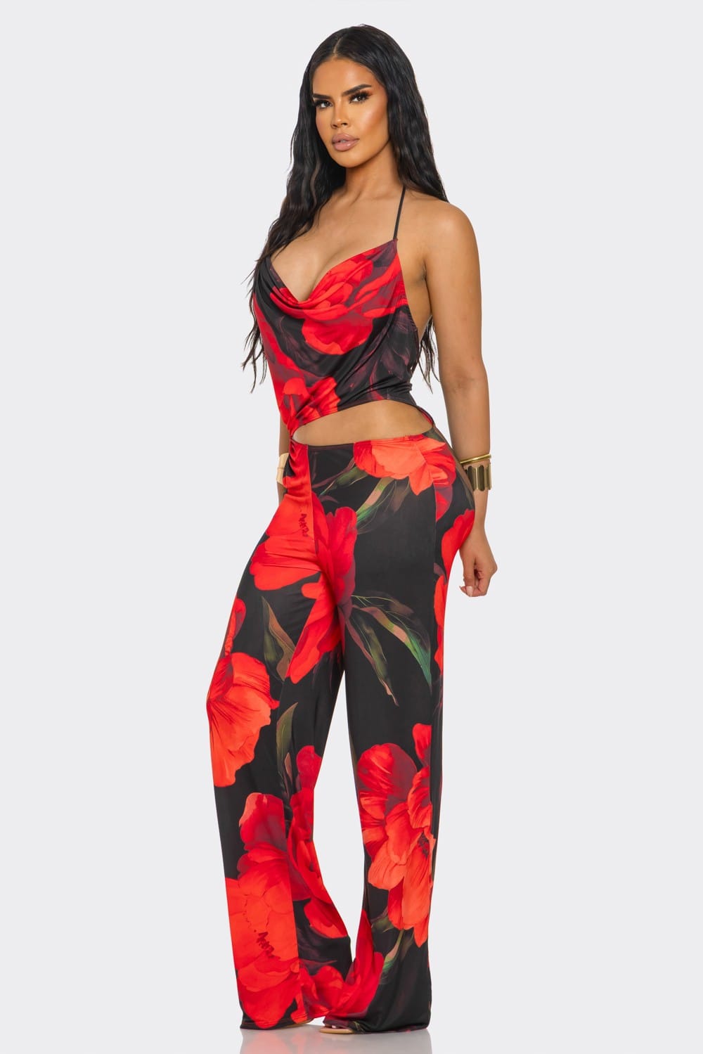 Women's Tropical Allure Floral Cowl Neck Ring Detail Wide Leg Jumpsuit – full-length view