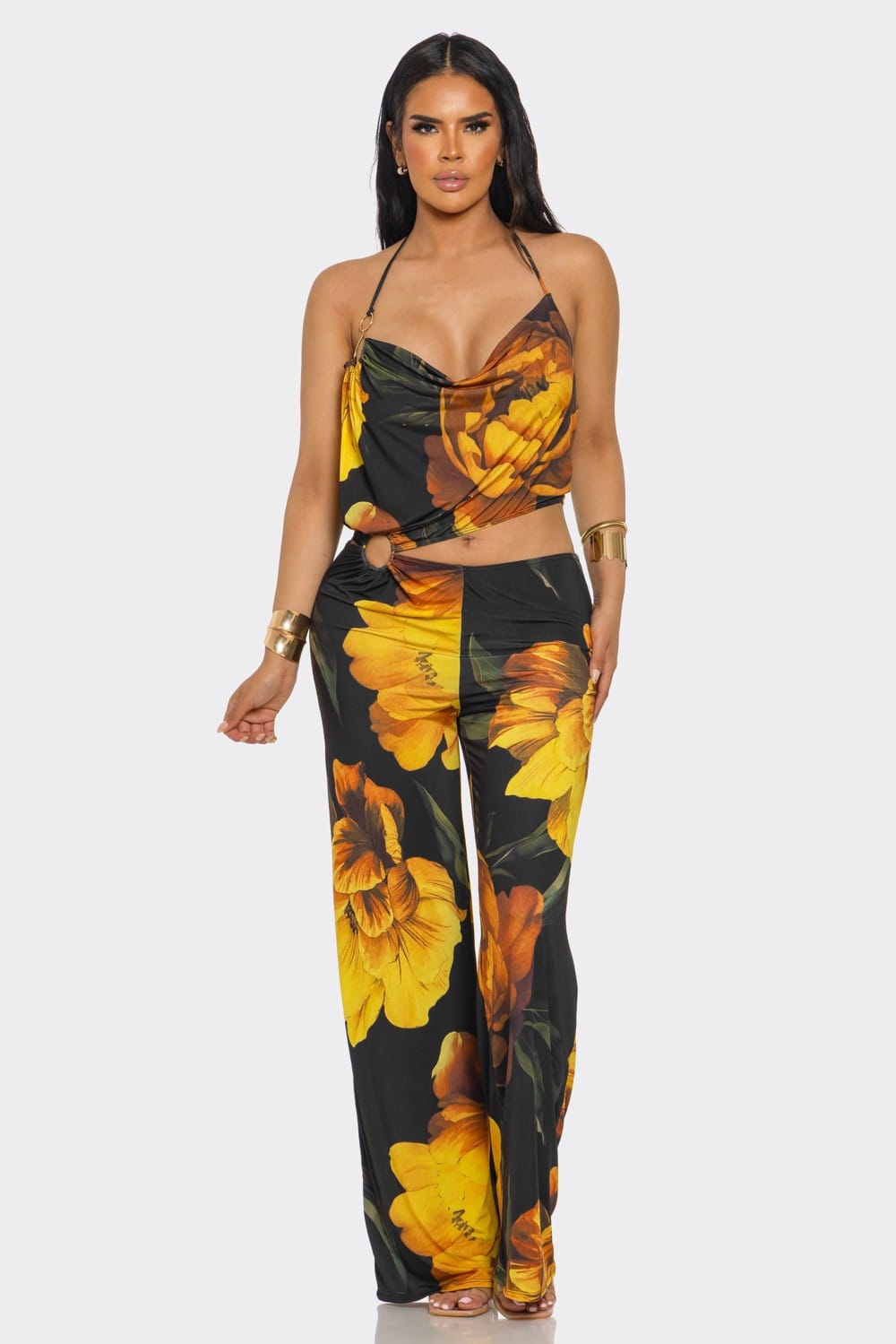 Women's Tropical Allure Floral Cowl Neck Ring Detail Wide Leg Jumpsuit – back view