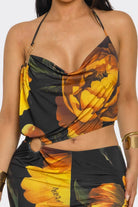 Women's Tropical Allure Floral Cowl Neck Ring Detail Wide Leg Jumpsuit – detail view