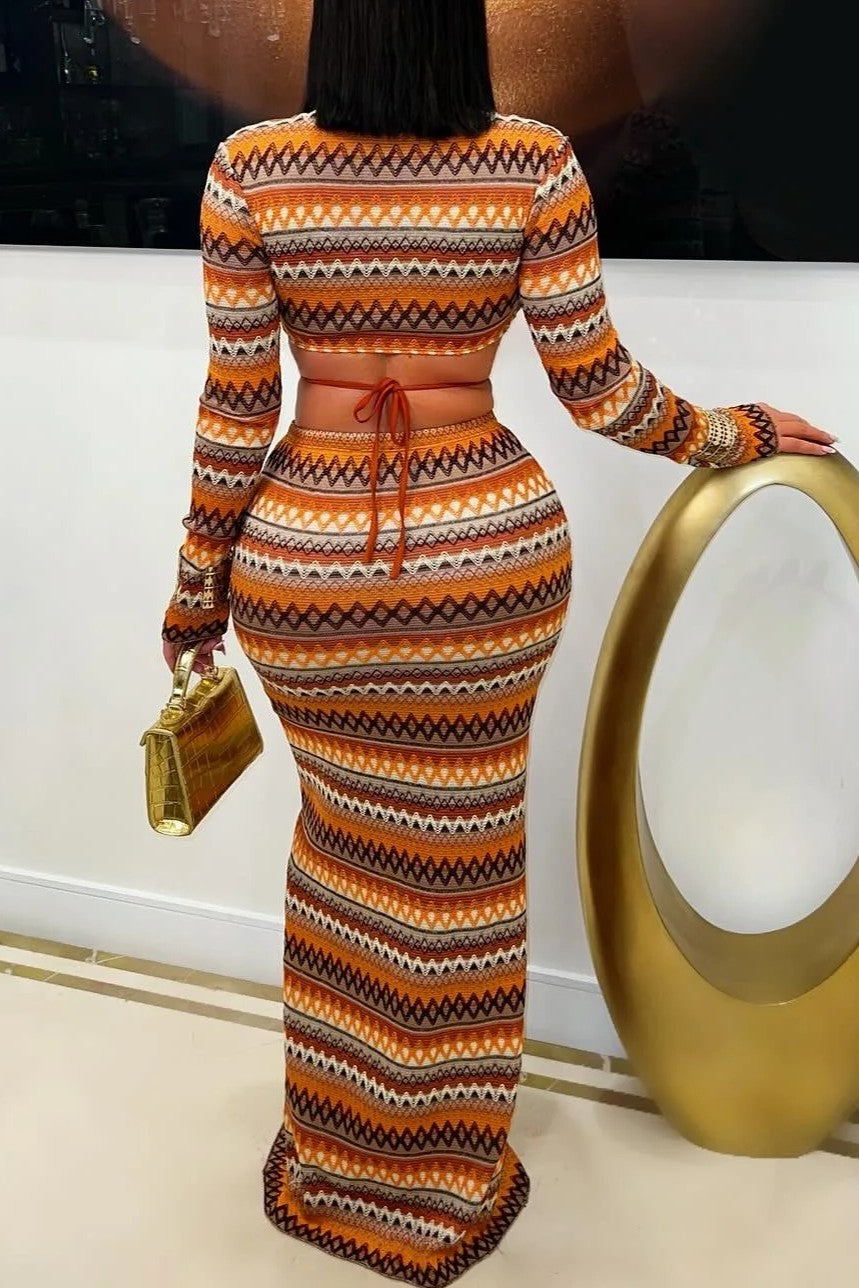 Striped knit maxi skirt set front