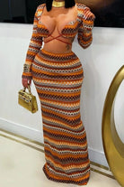 Women's striped knit crop top and maxi skirt set orange