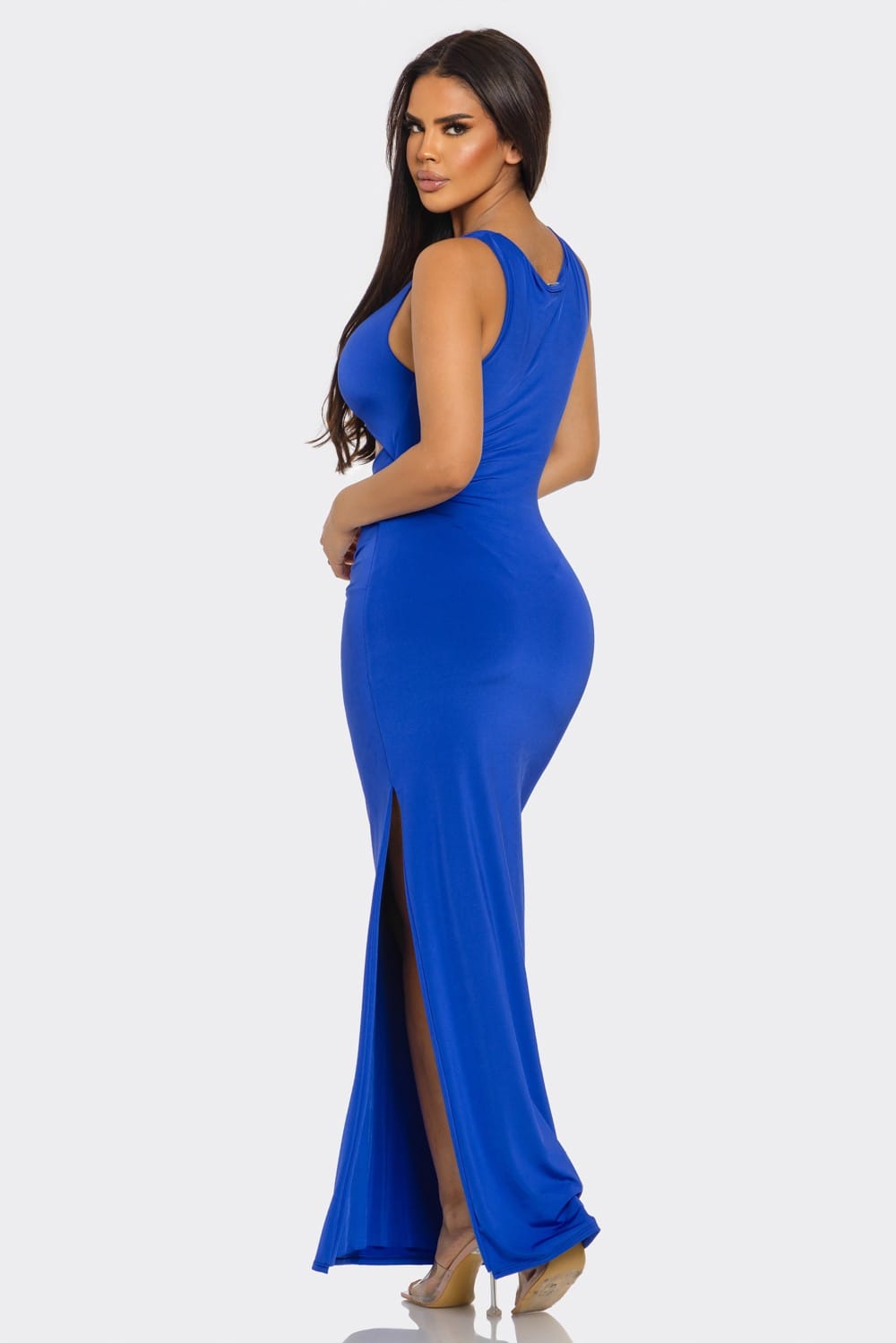Women's Golden Siren Triple Ring Cutout Slit Maxi Dress – full-length view