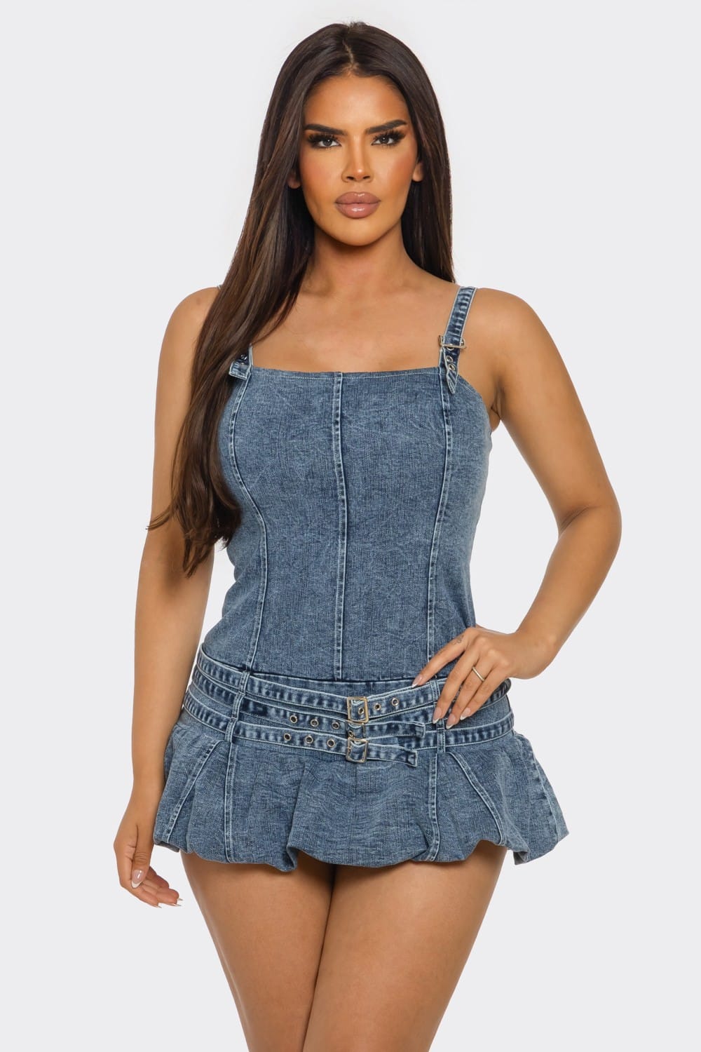 Women's Denim Darling Belted Mini Romper Dress – detail view