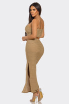 Women's Lustrous Texture Lurex Bustier Top & Midi Skirt Set – detail view