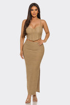 Women's Lustrous Texture Lurex Bustier Top & Midi Skirt Set – side view