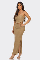 Women's Lustrous Texture Lurex Bustier Top & Midi Skirt Set – back view