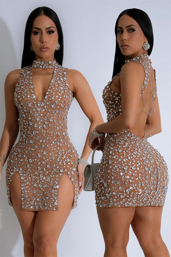 Women's Rhinestone Embellished Halter Open Back Mini Dress