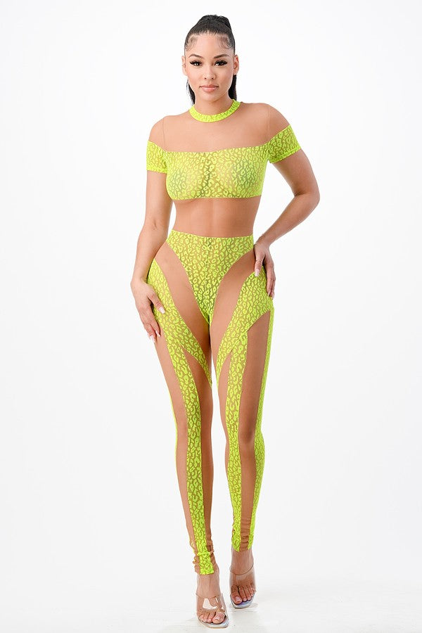 Women's Sheer Mesh Short Sleeve Crop Top & Leggings Set