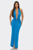 Women's Moonlit Mirage Plunge Halter Ruched Slit Maxi Gown – front view