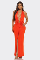 Women's Moonlit Mirage Plunge Halter Ruched Slit Maxi Gown – detail view