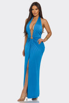Women's Moonlit Mirage Plunge Halter Ruched Slit Maxi Gown – back view