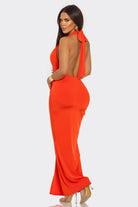 Women's Moonlit Mirage Plunge Halter Ruched Slit Maxi Gown – full-length view