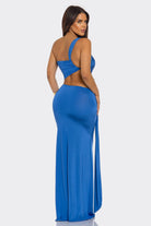 Women's Turquoise Sultry Swerve One Shoulder Cutout Ruched Maxi Gown – front view