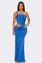 Women's Turquoise Sultry Swerve One Shoulder Cutout Ruched Maxi Gown – full-length view