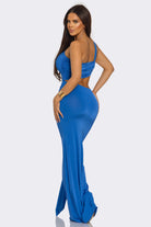 Women's Turquoise Sultry Swerve One Shoulder Cutout Ruched Maxi Gown – side view