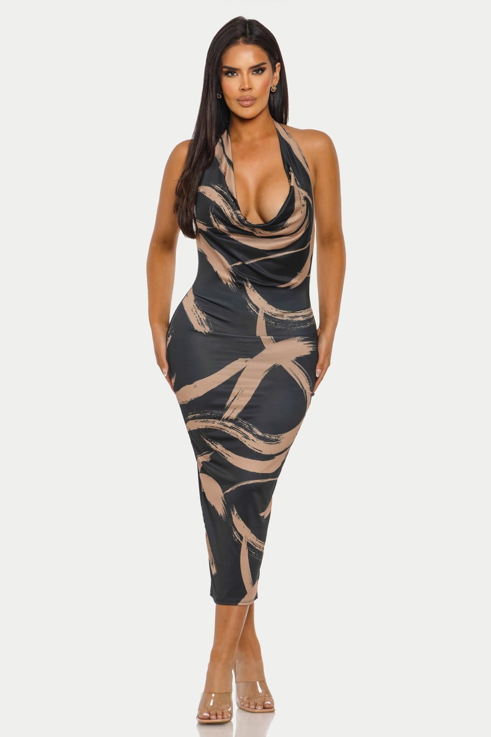Women's Fierce Stroke Abstract Print Cowl Neck Halter Midi Dress – full-length view