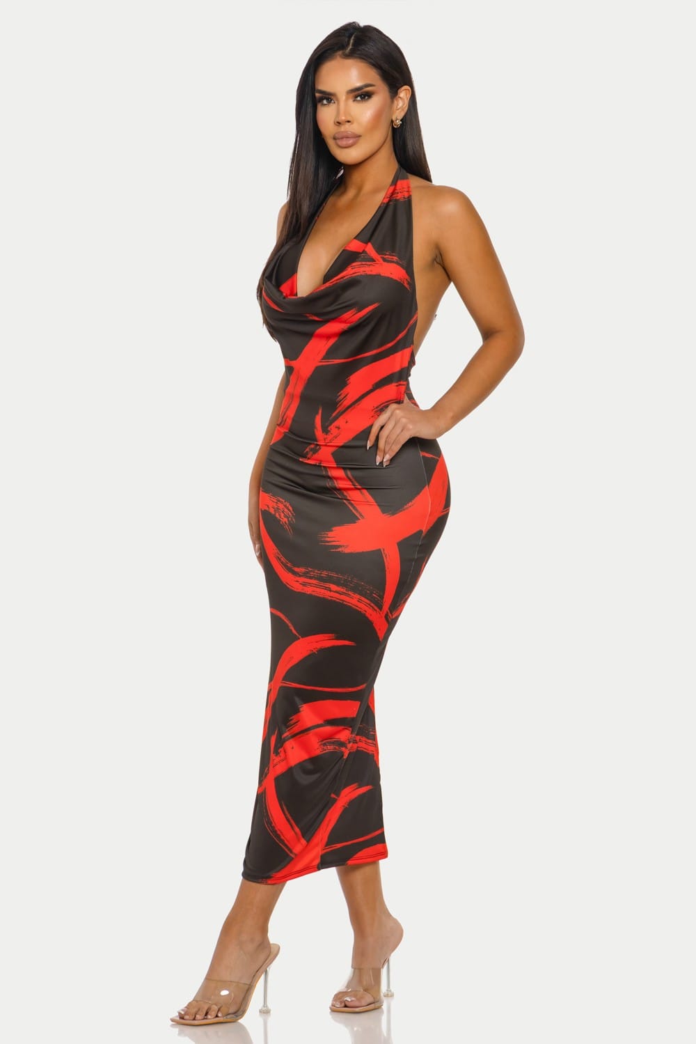Women's Fierce Stroke Abstract Print Cowl Neck Halter Midi Dress – side view